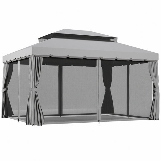 Outsunny 3 x 4m Aluminium Garden√Ç Gazebo, Marquee Canopy Shelter Pavilion Party Tent with Nets and Curtains for Garden and Deck, Light Grey