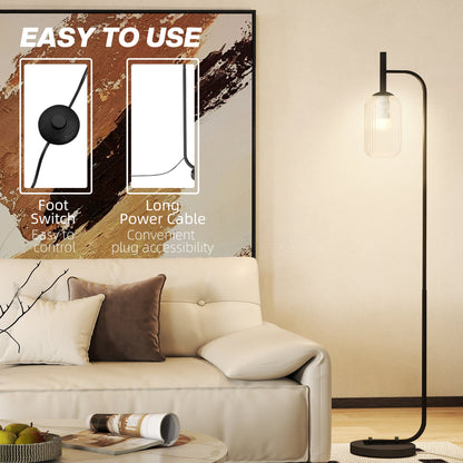 HOMCOM Floor Lamp for Living Room with Glass Lampshade, Modern Standing Lamp with Foot Switch for Bedroom, Bulb not Included, Black