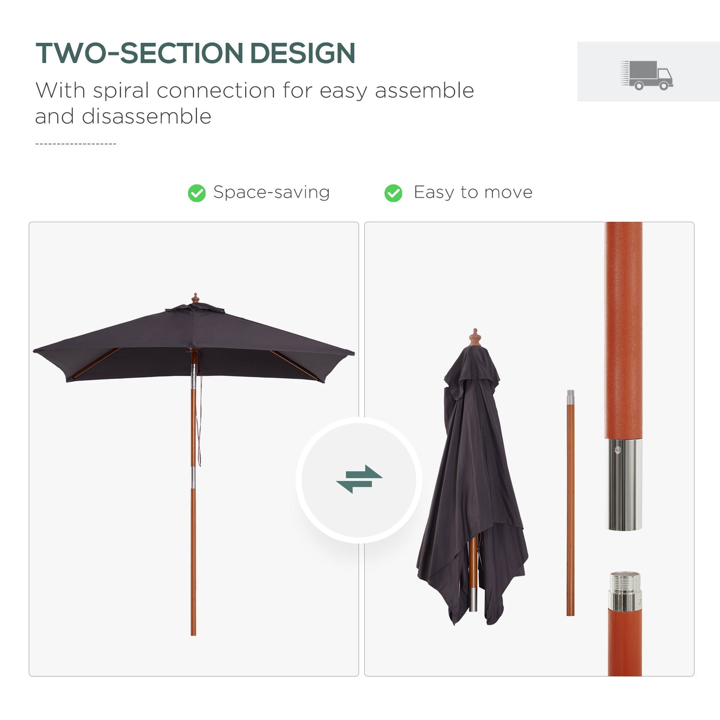 Outsunny 2m x 1.5m Garden Parasol Umbrella with Tilting Sunshade Canopy, Outdoor Market Table Umbrella with Wood and Bamboo Frame, Grey