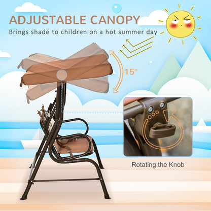 Outsunny 2-Seat Kids Canopy Swing, Children Outdoor Patio Lounge Chair, for Garden Porch, with Adjustable Awning, Seat Belt, Monkey Pattern, Coffee