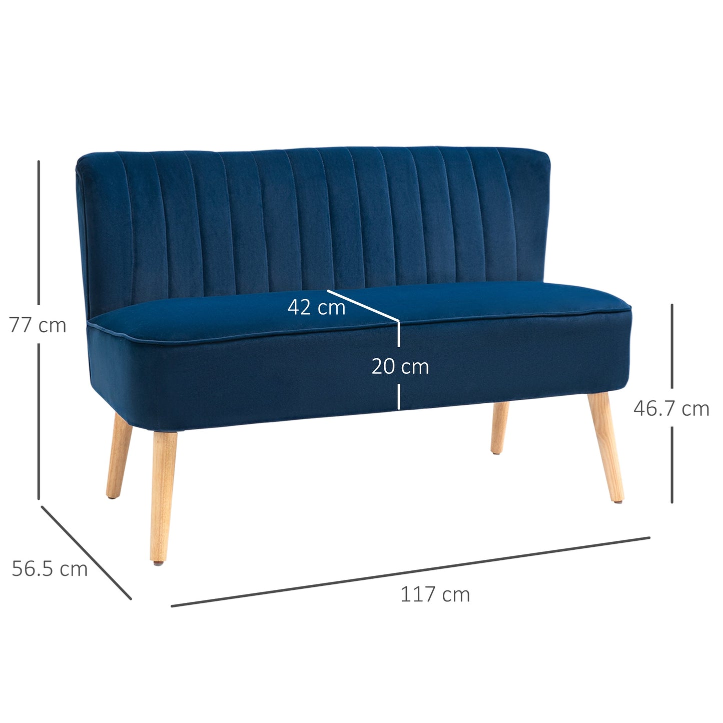 Retro Style Velvet Double Seat Sofa w/ Wood Frame Foam Padding High Back Soft Comfortable Compact Couch Blue