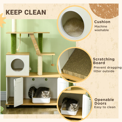 PawHut 2-in-1 Hidden Cat Litter Box, Green Leaf Cat Tree, with House, Ladder, Scratching Posts, Platforms, Indoors -Oak