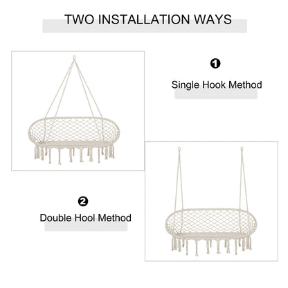 كرسي أرجوحة معلق من Outsunny مصنوع من حبل قطني مع إطار معدني، مقعد كبير من الماكرامية للفناء والحديقة وغرفة النوم وغرفة المعيشة، لون أبيض كريمي