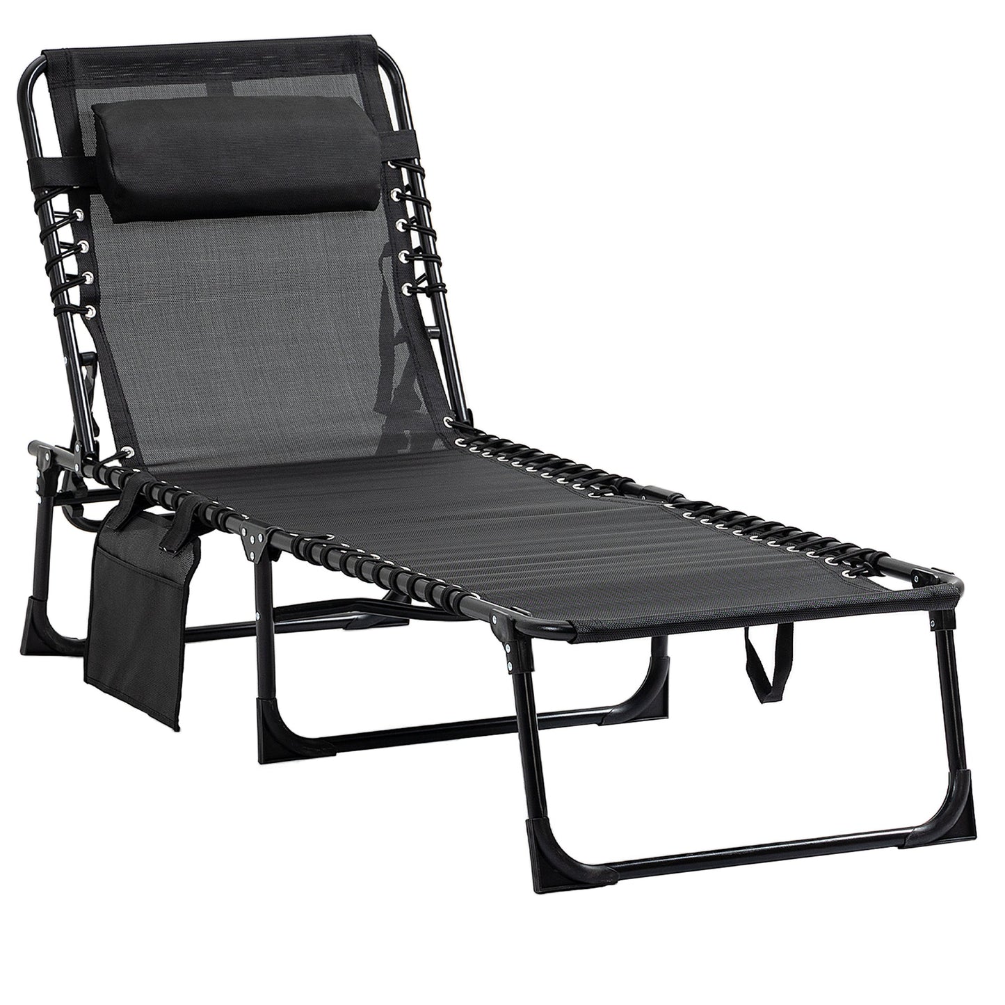 Outsunny Portable Sun Lounger, Folding Camping Bed Cot, Reclining Lounge Chair 5-position Adjustable Backrest w/Side Pocket for Patio Garden Black