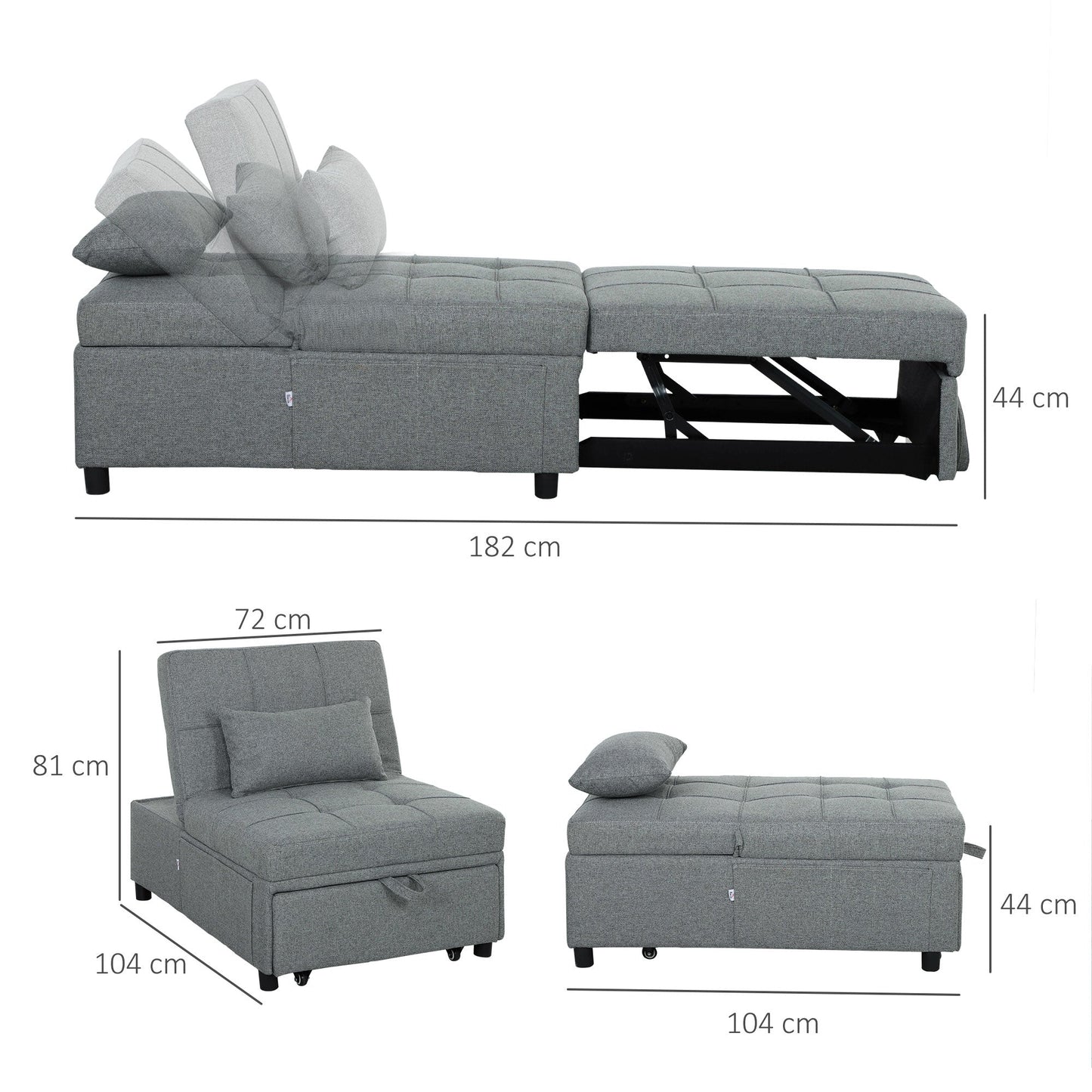 HOMCOM Four-In-One Single Sleeper Chair - Dark Grey