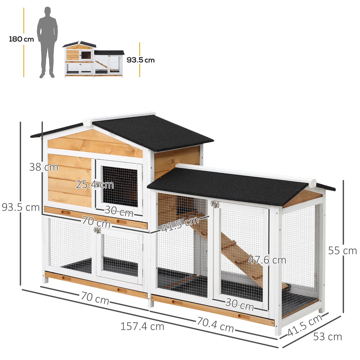 PawHut Rabbit Hutch Guinea Pig Hutch Wooden House with Run, 2 Tier Pet Cage Outdoor 157.4 x 53 x 93.5cm, Yellow