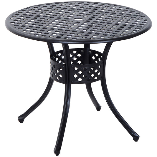 Outsunny 85cm okrągły stół ogrodowy z otworem na parasol, aluminiowy motyw kratki, stół jadalny na zewnątrz do ogrodu na patio, czarny