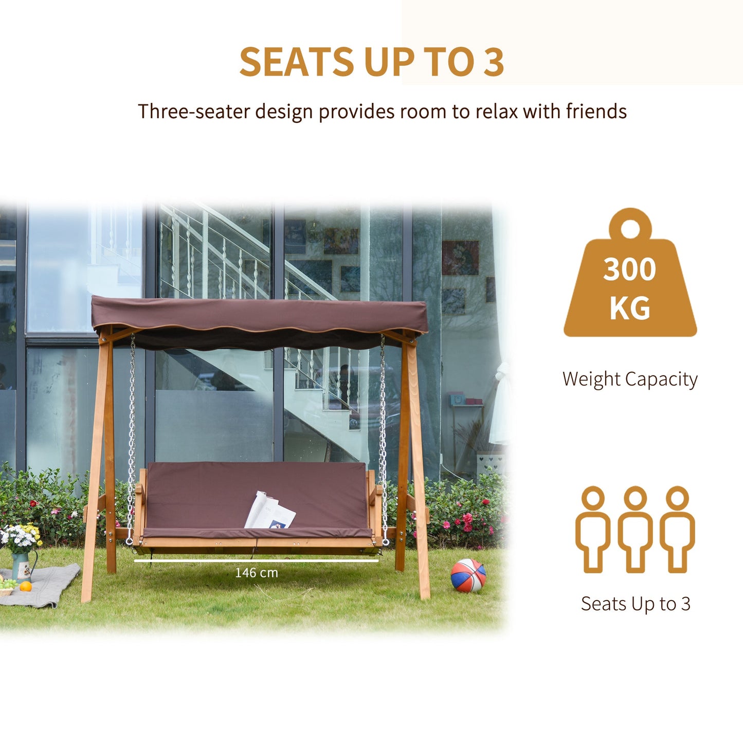 Outsunny 3 Seater Garden Swing Seat Outdoor Swing Chair with Adjustable Canopy, Wooden Hammock Bench with Padded Cushions for Patio Yard, Brown