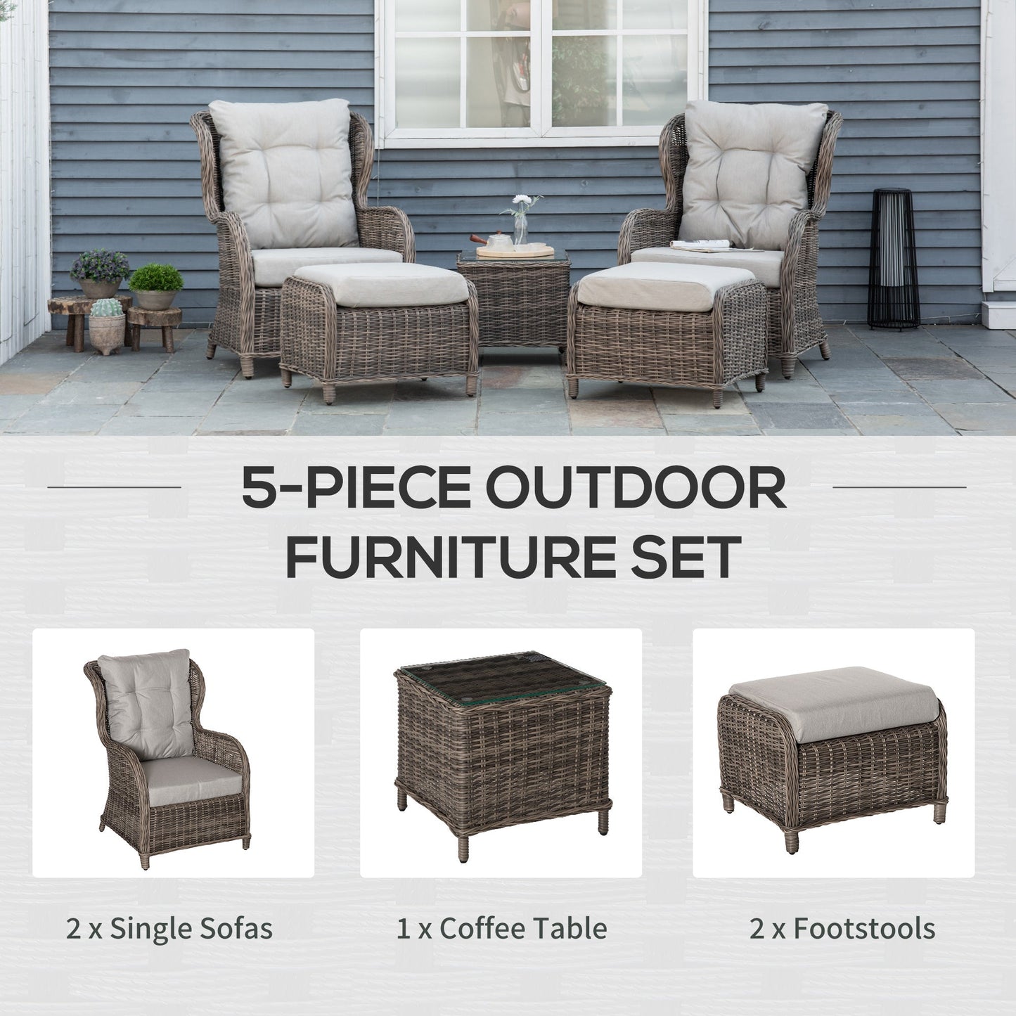 Outsunny Deluxe Garden Rattan Furniture كرسي أريكة وطاولة البراز مجموعة أثاث فناء منسوج من الخيزران بإطار من الألومنيوم تجميع كامل - بني