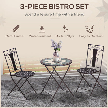 Outsunny 3-Piece Patio Bistro Set, Mosaic Table and 2 Armless Chairs with Foldable Design, Metal Frame for Garden, Poolside, Coffee