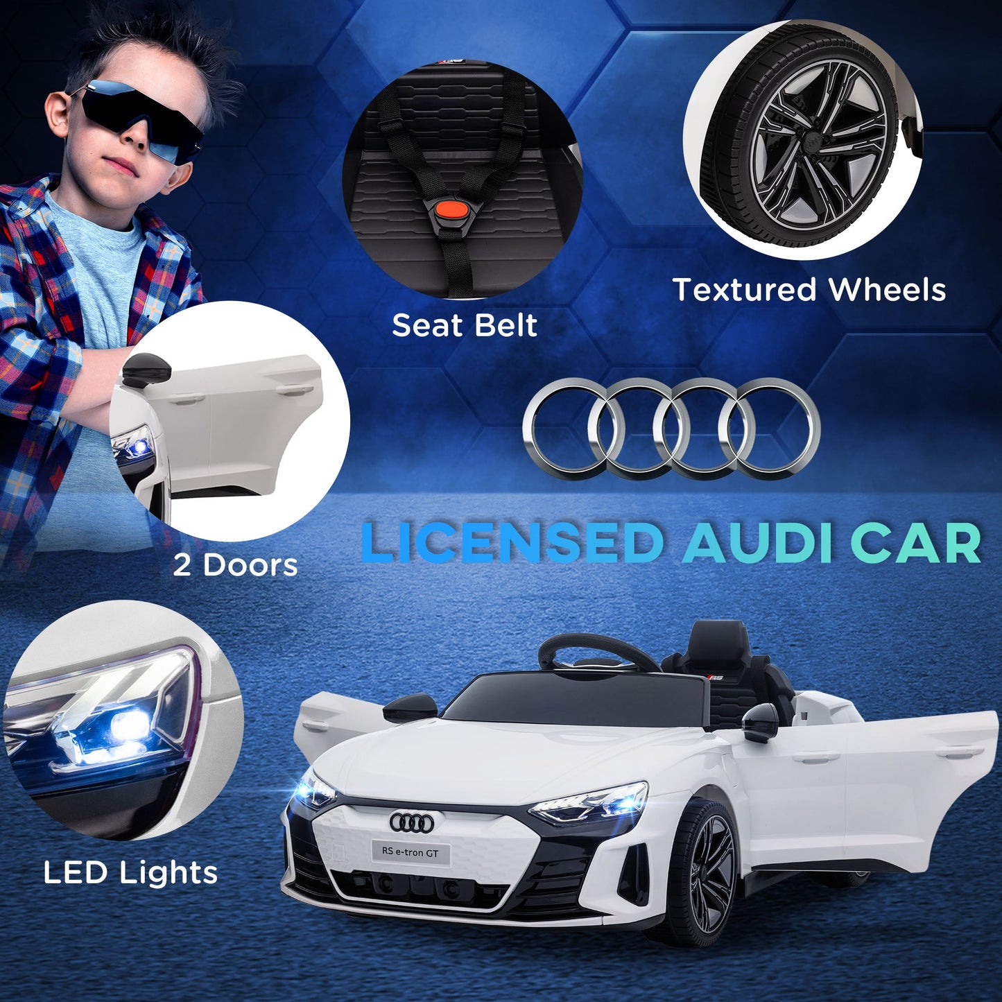 HOMCOM Audi Licencjonowany elektryczny jeździk dla dzieci 12 V, z pilotem, zawieszeniem, światłami, muzyką i silnikiem – biały