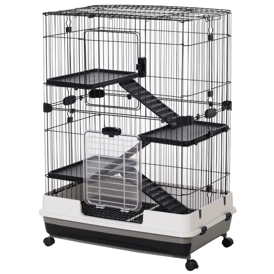 PawHut Four-Tier Small Animal Cage, for Bunnies, Ferrets, Chinchillas w/ Wheels, Tray - Black