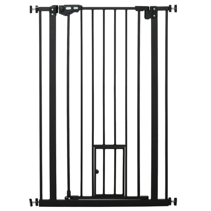 PawHut Extra Tall Pet Gate, Indoor Dog Safety Gate, with Cat Flap, Auto Close, 74-80cm Wide - Black