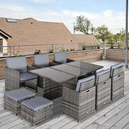 Zestaw mebli ogrodowych Outsunny 10 Seater Rattan Cube z otworem na parasol, zestaw jadalny z rattanu z poduszkami, stół jadalny i krzesła zewnętrzne z prostokątnym szklanym blatem na patio, mieszany szary