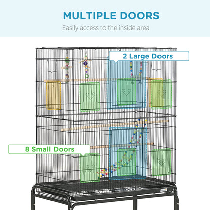 PawHut Large Bird Cage Budgie Cage with Stand, Toys, Wheels, Accessories, Storage Shelf for Canaries, Finches, Lovebirds, Parakeets - Black, 79 x 49 x 133 cm