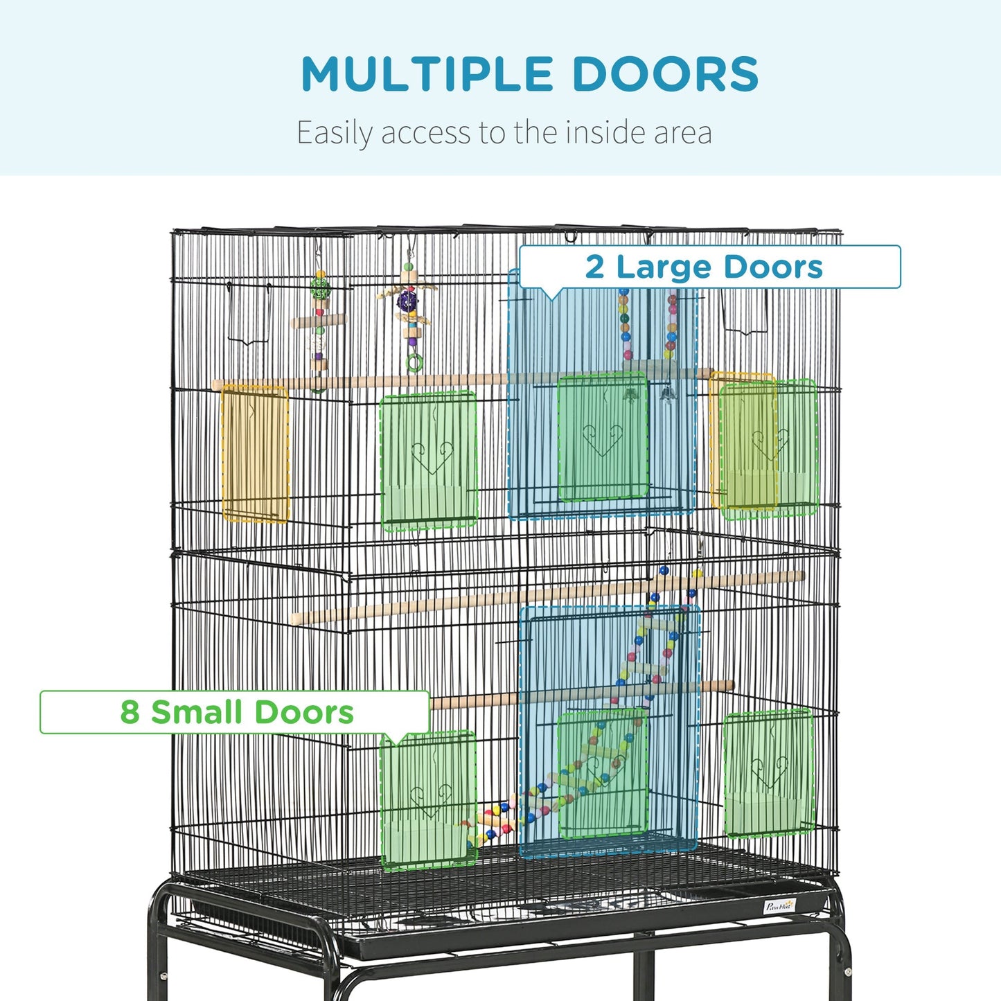 PawHut Bird Cage with Stand, Toys, Wheels, for Canaries, Finches, Lovebirds, Parakeets, Budgie Cage with Accessories, Storage Shelf, Black