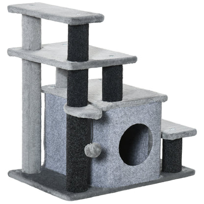 PawHut Adjustable Cat Steps, with House & Hanging Toy Ball - Grey