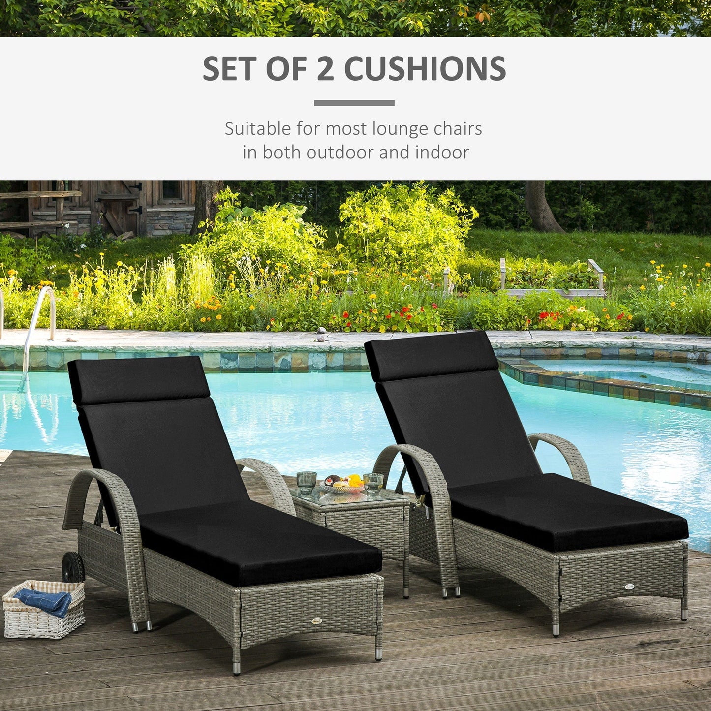 Outsunny Set of 2 Sun Lounger Cushions, Replacement Cushions for Rattan Furniture with Ties, 196 x 55 cm, Cushion ONLY, Black