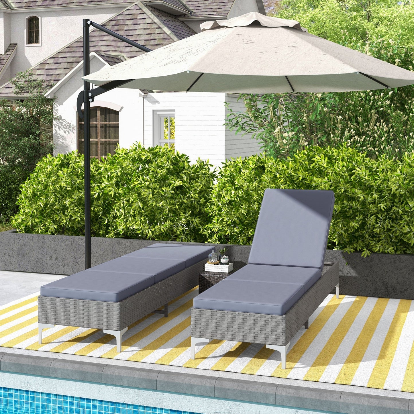 Outsunny Outdoor PE Rattan Sun Lounger Set of 2, Multi-position Backrest Adjustable Single Recliner Sunbed Daybed with Removeable & Washable Cushion, for Patio, Garden, Dark Grey