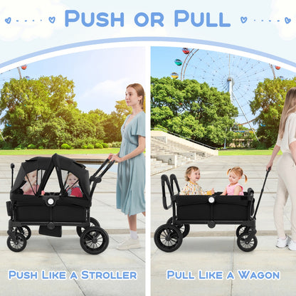 Wagon Stroller for 2 Kids with Adjustable Handle and Removable Canopy-Black