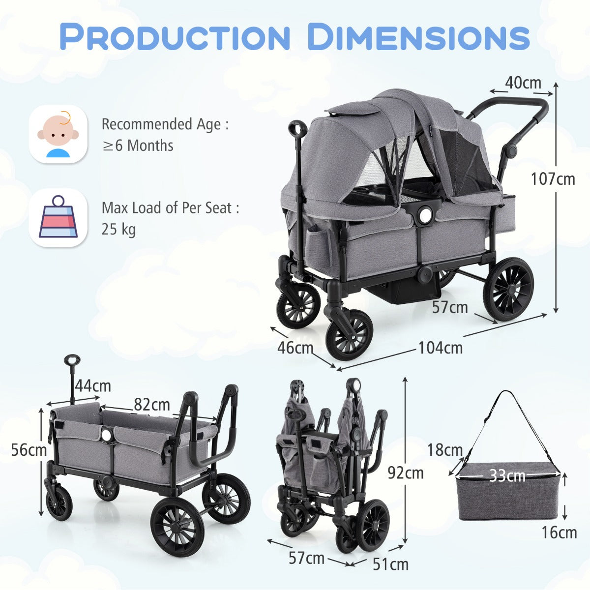 Wagon Stroller for 2 Kids with Adjustable Handle and Removable Canopy-Grey
