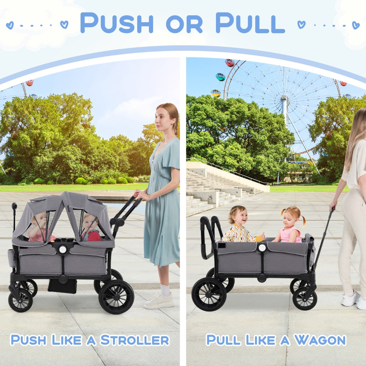 Wagon Stroller for 2 Kids with Adjustable Handle and Removable Canopy-Grey