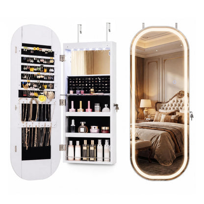 Wall and Door Mounted Jewelry Cabinet with 3-Color Adjustable Full-Length Mirror-White