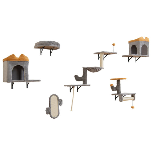 Wall-Mounted Cat Tower Set with 2-Tier Platform and 2 Comfy Cat Condos