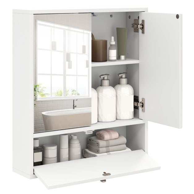 Wall-Mounted Bathroom Cabinet with Mirror and 3-Level Adjustable Shelf and Flip-Open Compartment-White