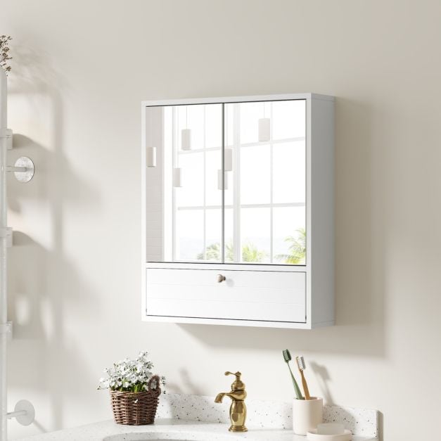 Wall-Mounted Bathroom Cabinet with Mirror and 3-Level Adjustable Shelf and Flip-Open Compartment-White