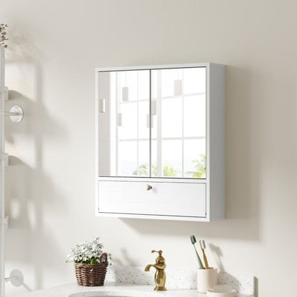 Wall-Mounted Bathroom Cabinet with Mirror and 3-Level Adjustable Shelf and Flip-Open Compartment-White