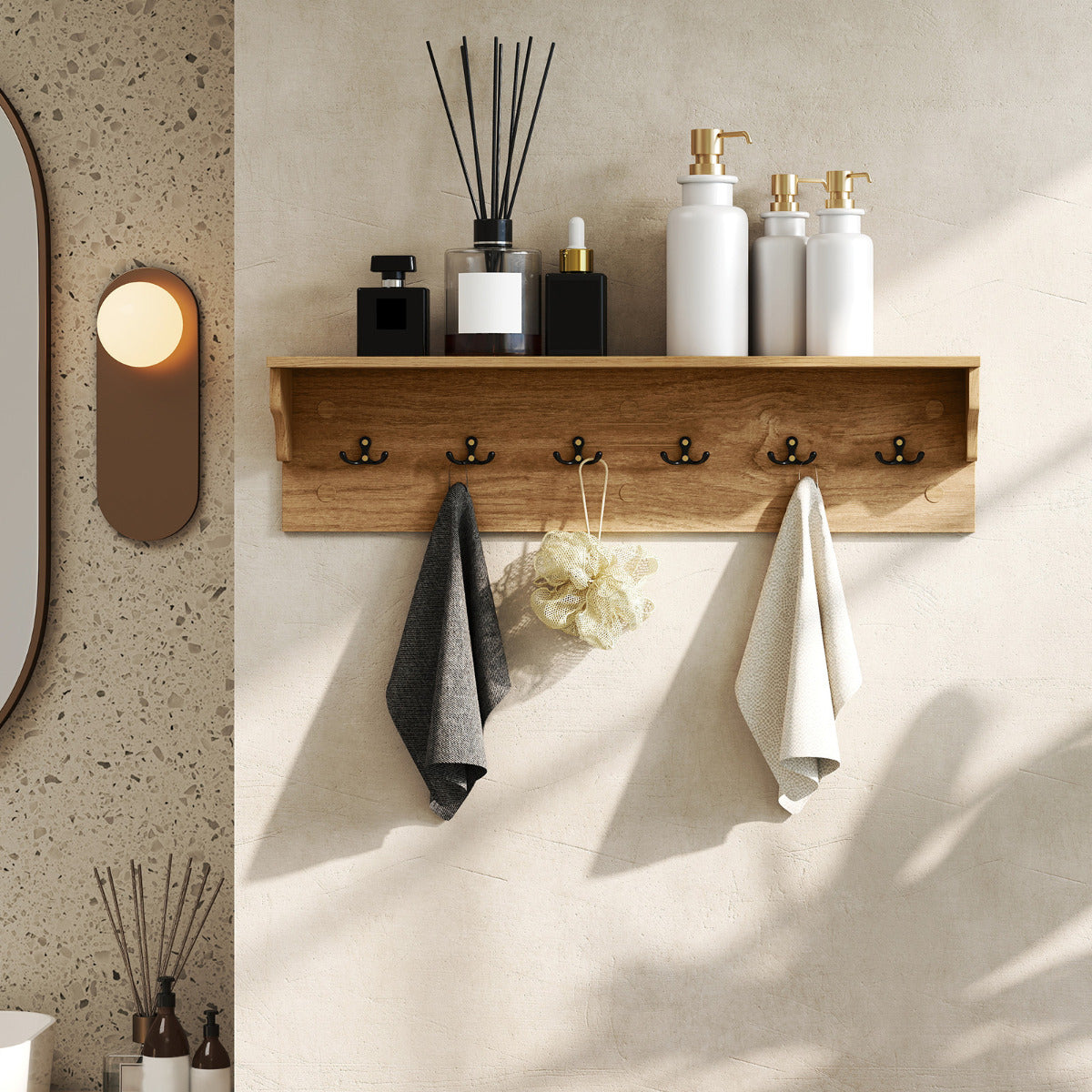 80 CM Wall Hooks with Shelf Wooden Coat Rack-Natural & White