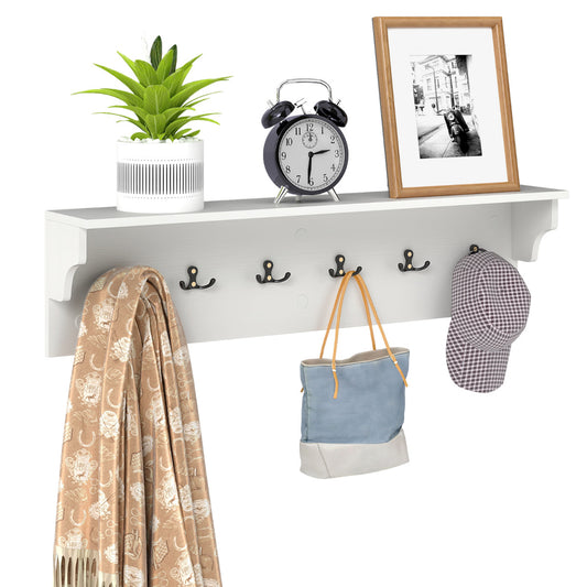 80 CM Wall Hooks with Shelf Wooden Coat Rack-White