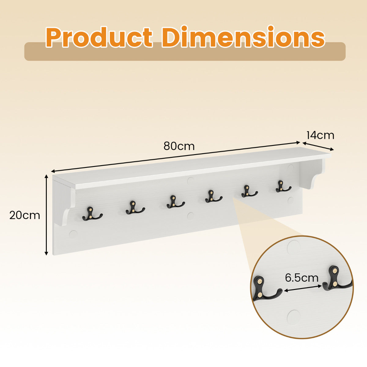 80 CM Wall Hooks with Shelf Wooden Coat Rack-White