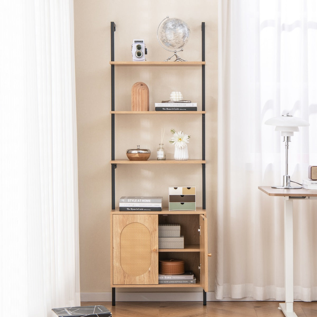 Wall Mount Bookshelf with Cabinet with Storage Cabinet-Natural