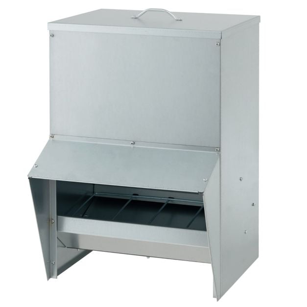 22kg Capacity Galvanized Chicken Feeder Wall Mounted with Lid No Waste Food Dispenser Silver