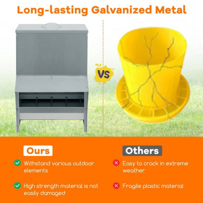 22kg Capacity Galvanized Chicken Feeder Wall Mounted with Lid No Waste Food Dispenser Silver