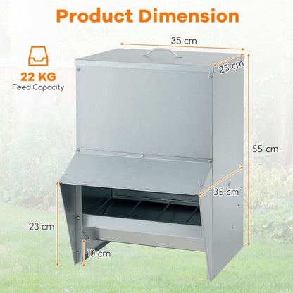 22kg Capacity Galvanized Chicken Feeder Wall Mounted with Lid No Waste Food Dispenser Silver
