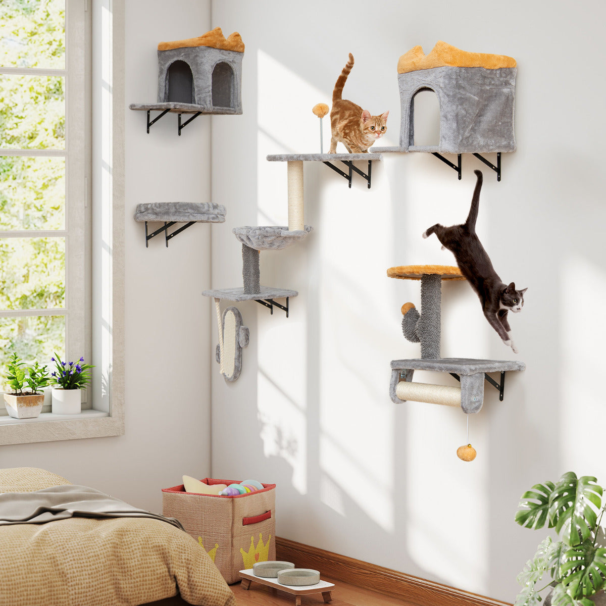 Wall-Mounted Cat Tower Set with 2-Tier Platform and 2 Comfy Cat Condos