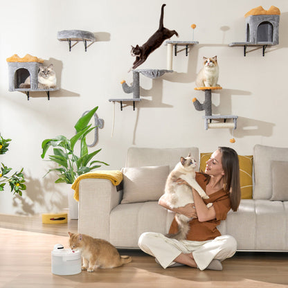 Wall-Mounted Cat Tower Set with 2-Tier Platform and 2 Comfy Cat Condos