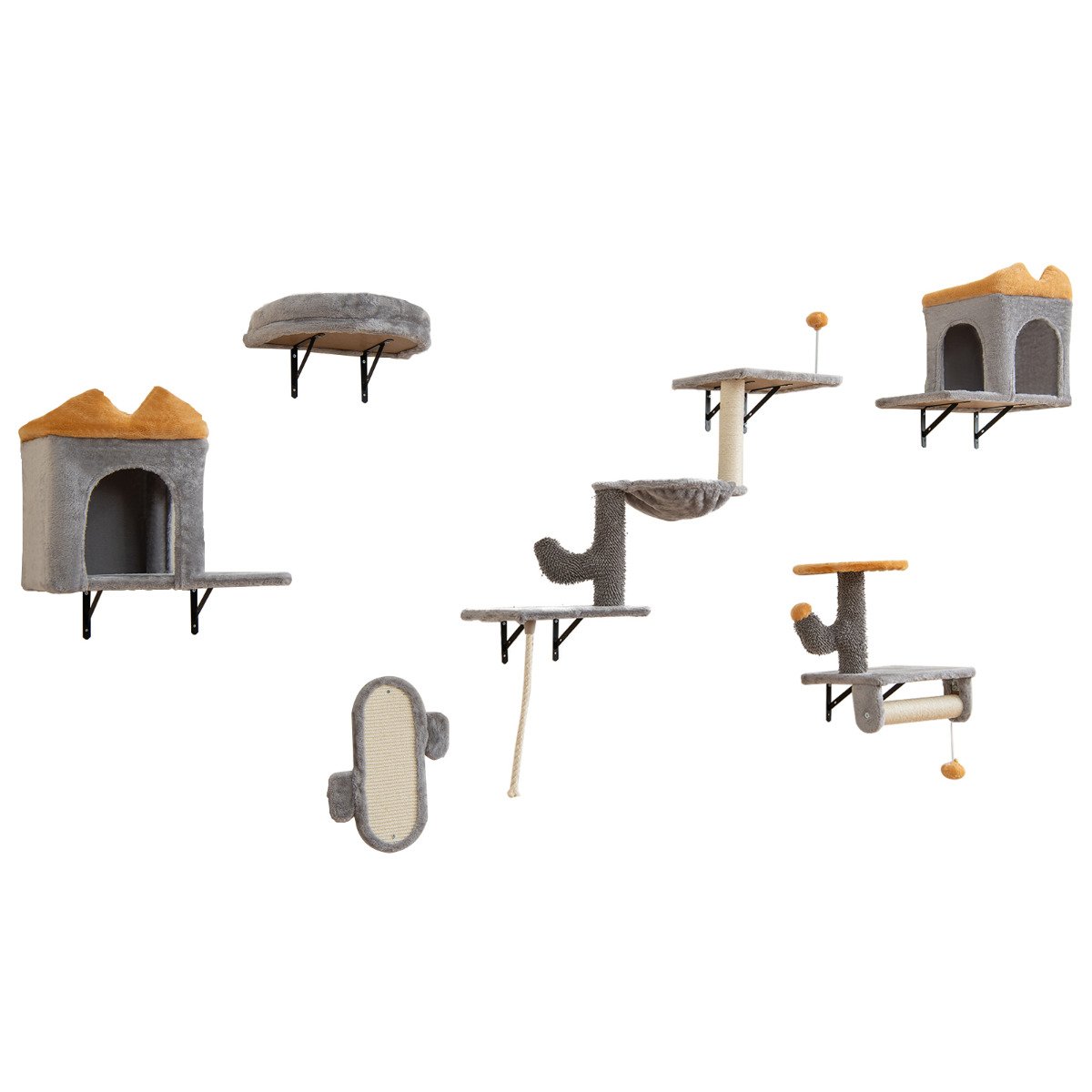 Wall-Mounted Cat Tower Set with 2-Tier Platform and 2 Comfy Cat Condos
