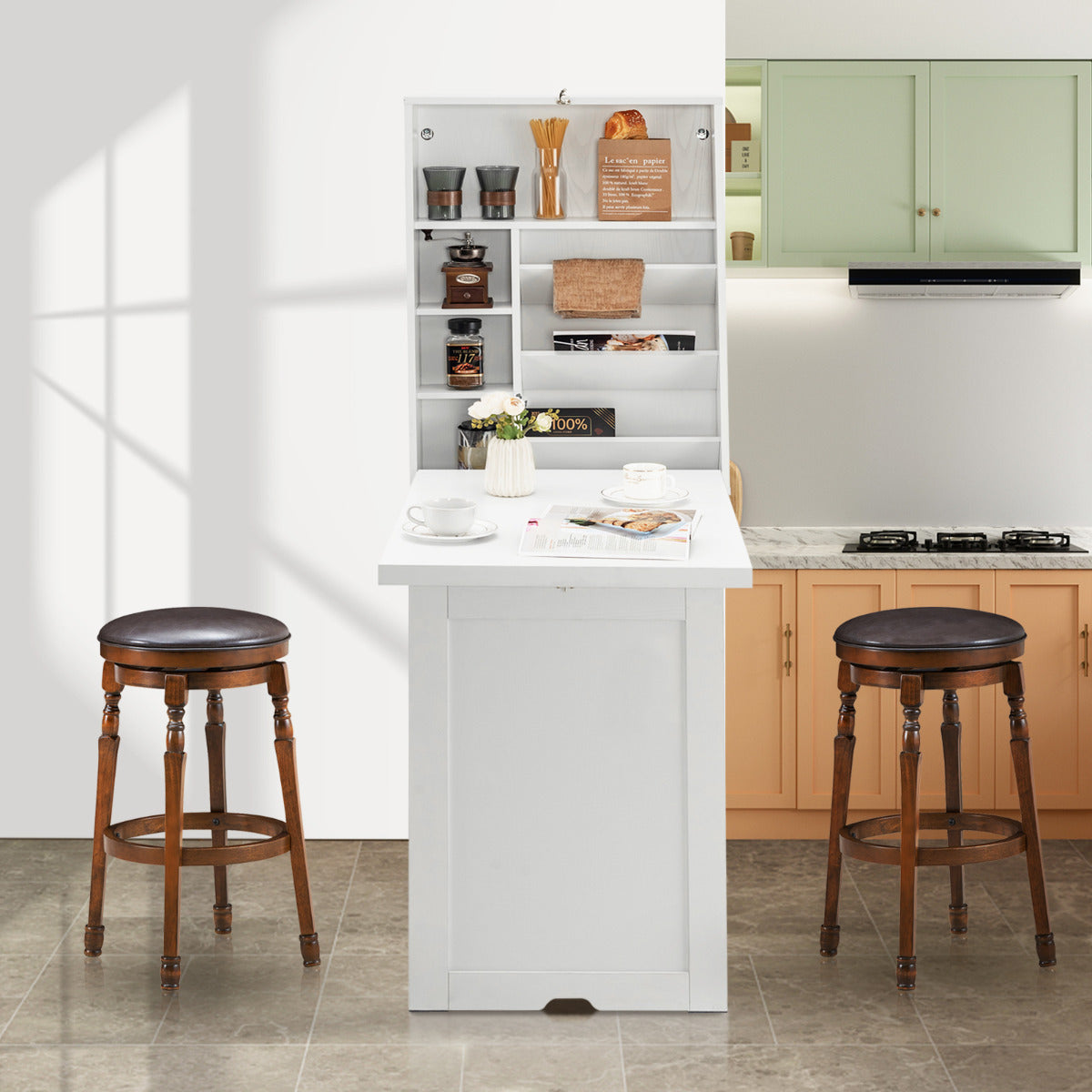 Wall Mounted Desk with 3-tier Tilt Storage Partition and Adjustable Shelves-White