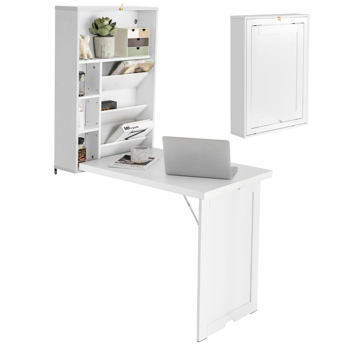 Wall Mounted Desk with 3-tier Tilt Storage Partition and Adjustable Shelves-White