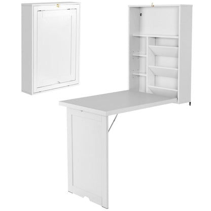 Wall Mounted Desk with 3-tier Tilt Storage Partition and Adjustable Shelves-White