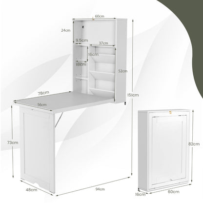 Wall Mounted Desk with 3-tier Tilt Storage Partition and Adjustable Shelves-White