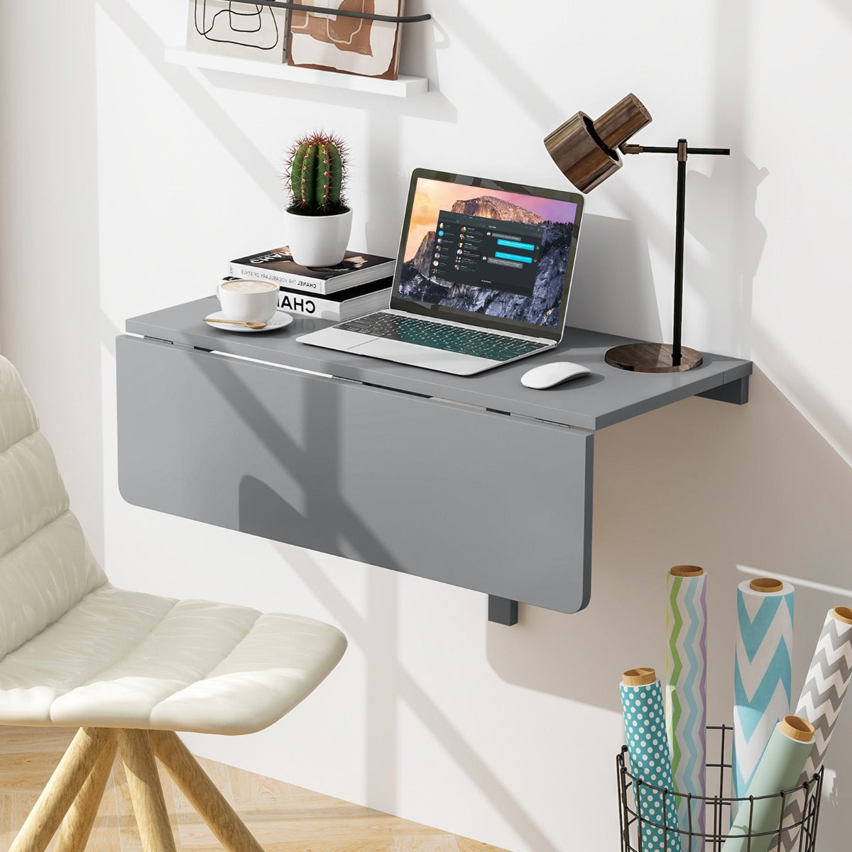 80 x 60 cm Wall Mounted Folding Table Drop-Leaf Floating Writing Desk-Grey