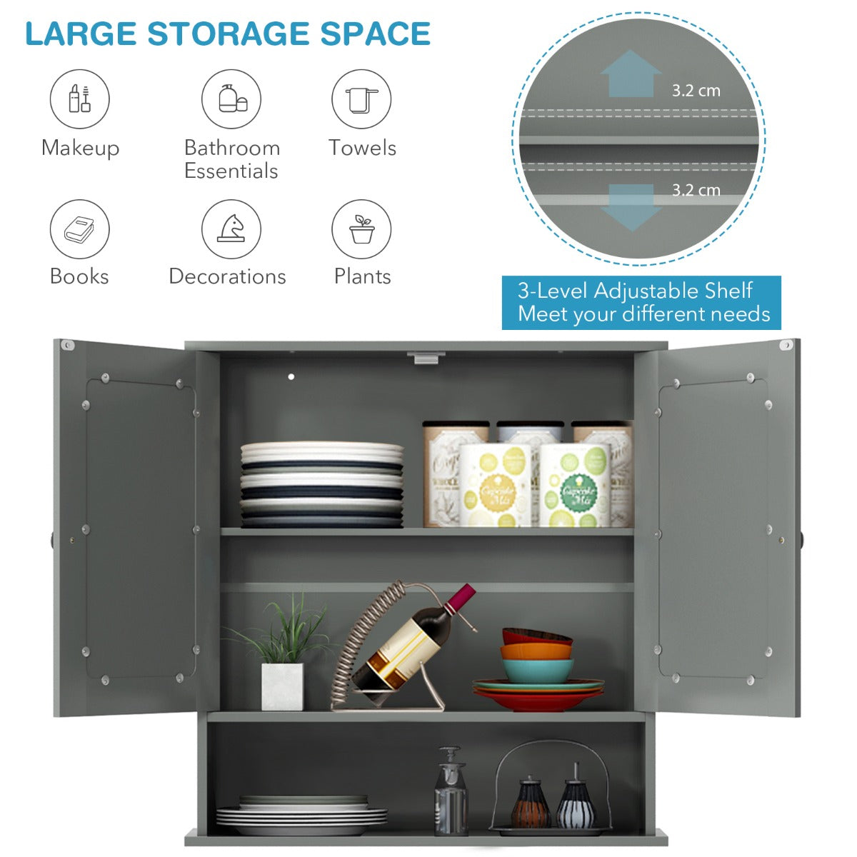 Wooden Hanging Medicine Organizer with Mirror and Adjustable Shelf-Grey