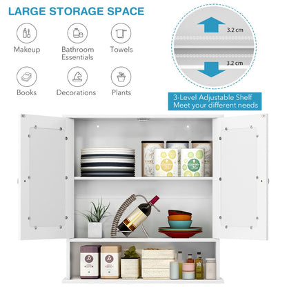 Wooden Hanging Medicine Organizer with Mirror and Adjustable Shelf-White