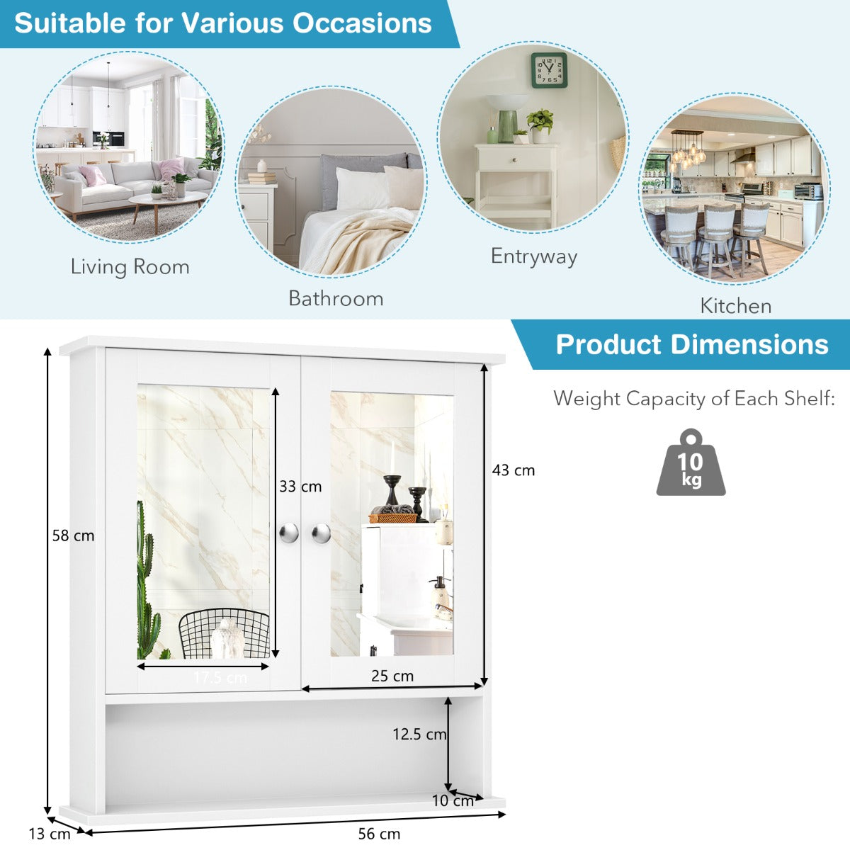 Wooden Hanging Medicine Organizer with Mirror and Adjustable Shelf-White