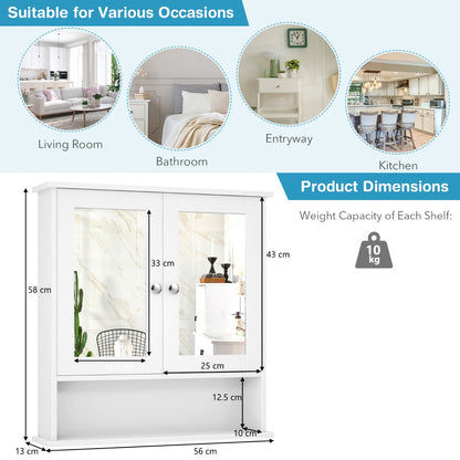 Wooden Hanging Medicine Organizer with Mirror and Adjustable Shelf-White